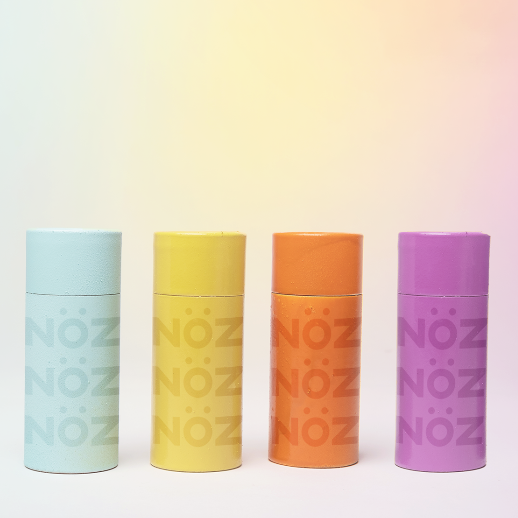 NOZ Nozscreen showcased in blue, yellow, orange, and purple.